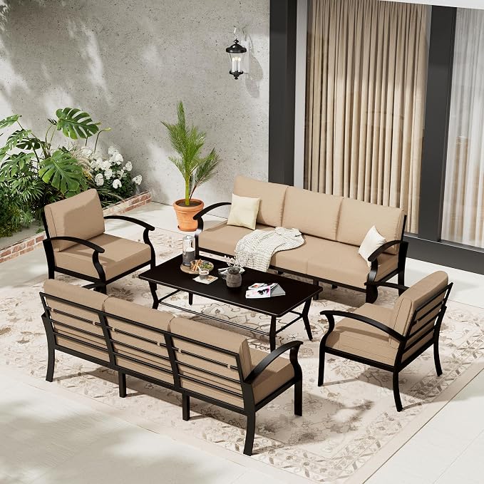Aluminum Patio Furniture Set with Coffee Table,8 Seats Metal Modern Outdoor Furniture w/5.1" Thick Cushions,Patio Sectional for Patio,Backyard,Sand