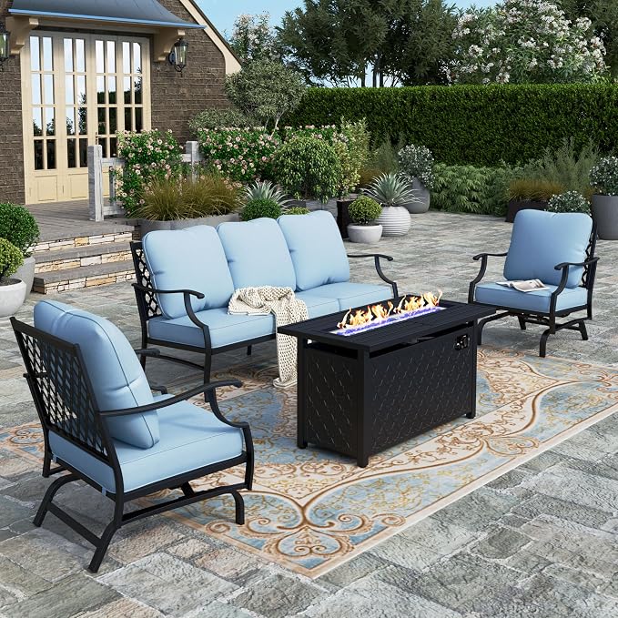 HERA'S HOUSE 4 Pieces Patio Furniture Set with Fire Pit Table, 2 x Rocking Chair, 3-Seat Sofa with 45" Fire Pit Table, Outdoor Conversation Set for Garden, Poolside, Backyard, Blue