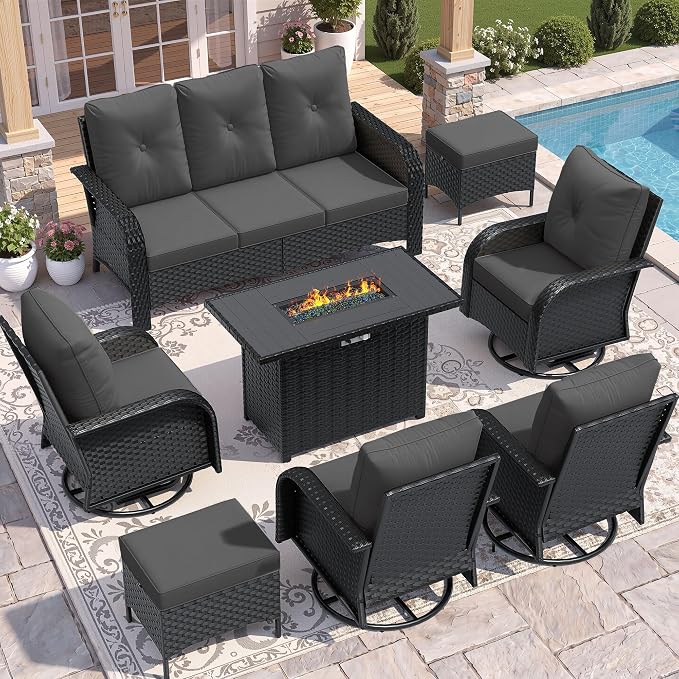 UDPATIO Patio Furniture Set with 44" Fire Pit Table, High Back 4 Swivel Rocker Chairs, Wicker Outdoor Conversation Sets with Thick Cushions & Ottoman, for Garden, Porch