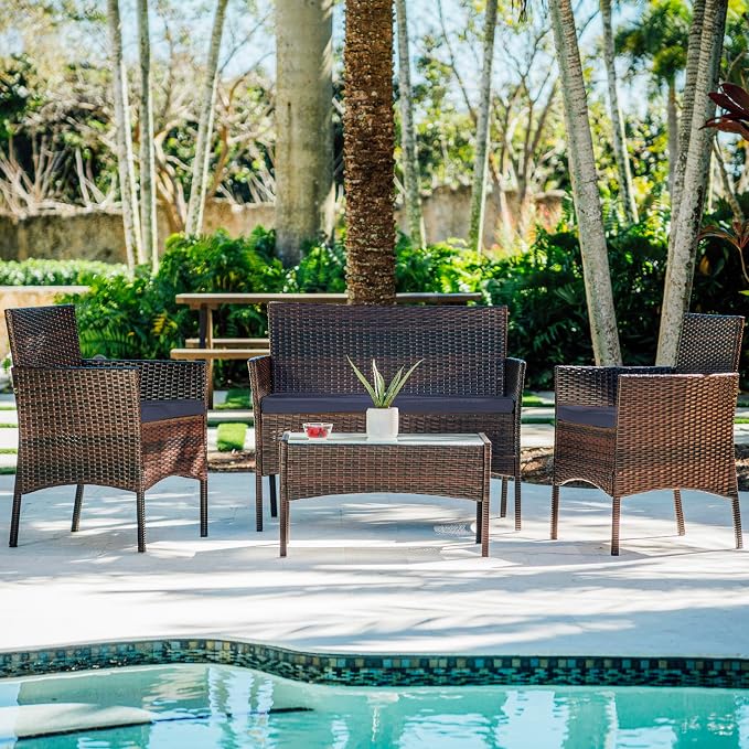 Nestl Wicker Patio Furniture Set - 4 Piece Patio Set with Patio Chairs Set of 2, Loveseat, Glass Top Coffee Table, Outdoor Furniture Sets for Backyard or Pool, Front Porch Furniture Set