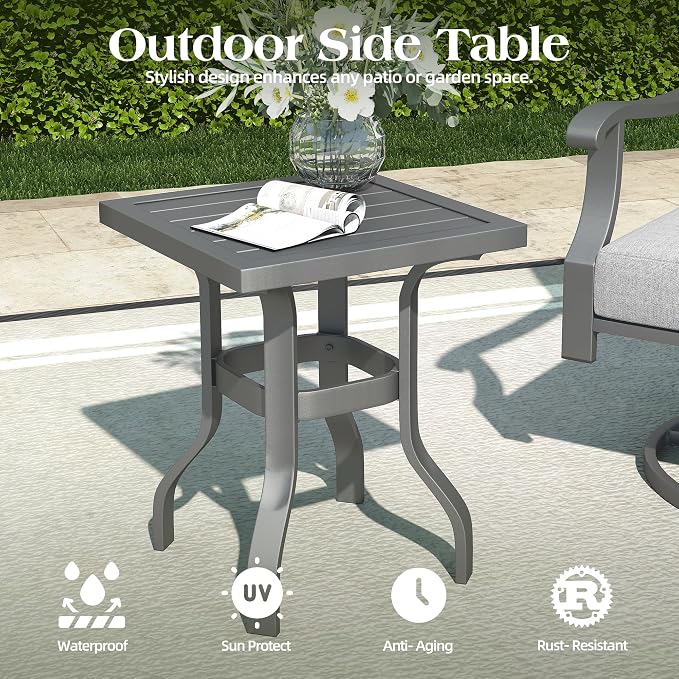 9 Piece Patio Conversation Set, Outdoor Metal Furniture Set w/Rocking Swivel Chairs, 3-Seat Sofa, Ottomans and Coffee Side Table, 5" Thickened Cushions for Backyard, Poolside, Gray