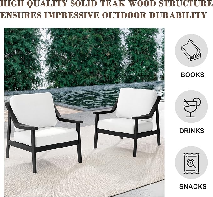 Outdoor Patio Furniture Set, 2 Piece Outdoor Patio Sofa Armchairs with Washable Thick Cushions, All-Weather Solid Wood Patio Bistro Set for Porch, Balcony, Black Frame & Beige Cushion