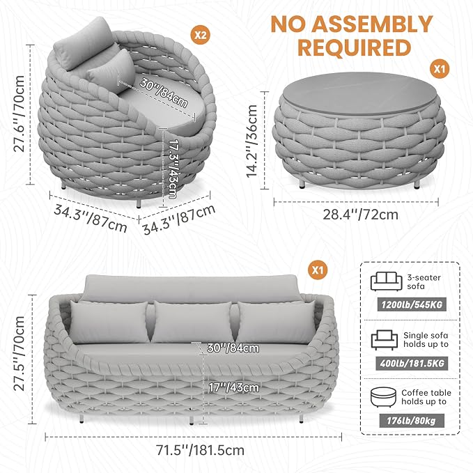 Woven Rope Patio Furniture Set: 4 Pieces Aluminum Outdoor Conversation Sofa Set Assembled - Modern Couch Set Cushioned - All Weather Metal Porch Seating for 5 Person Deck Garden Pool Hotel, Gray