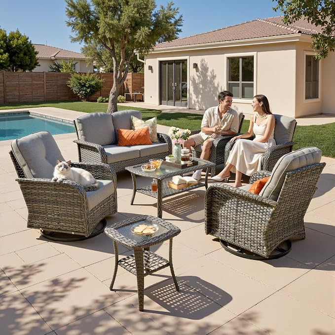 7-Piece Patio Furniture Set, Outdoor Wicker Furniture with Coffee Table, High Back Swivel Rocker Patio Chairs, Modern Rattan Outdoor Chairs Conversation Set for Porch, Balcony, Garden, Dark Gray
