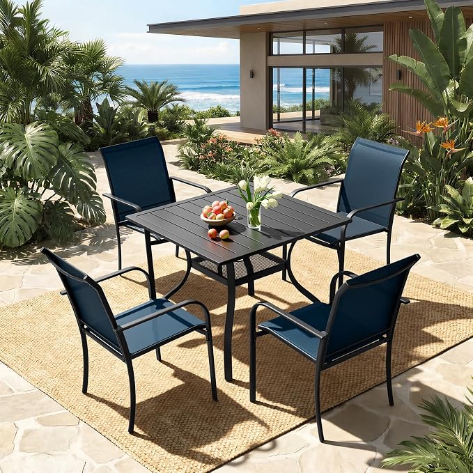 Incbruce 5 Pieces Patio Dining Set, Outdoor Dining Set of 4 Textilene Chairs and Square Table with Umbrella Hole for Backyard, Garden, and Poolside (Blue)
