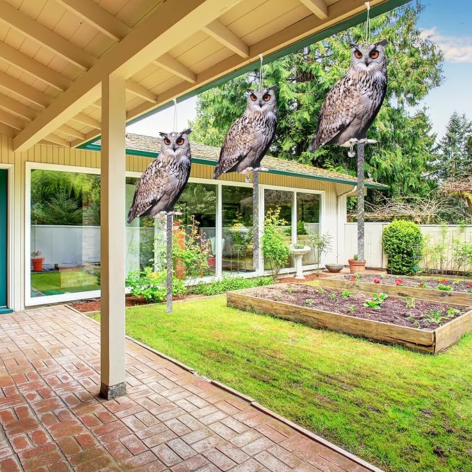 Hanging Flat Fake Owl to Keep Pigeon Away from Balcony 2PCS Garden Owls with Reflective Tape Plastic Owl to Scare Woodpecker Squirrel for Tree Outdoor House Patio Porch Front Porch Decor