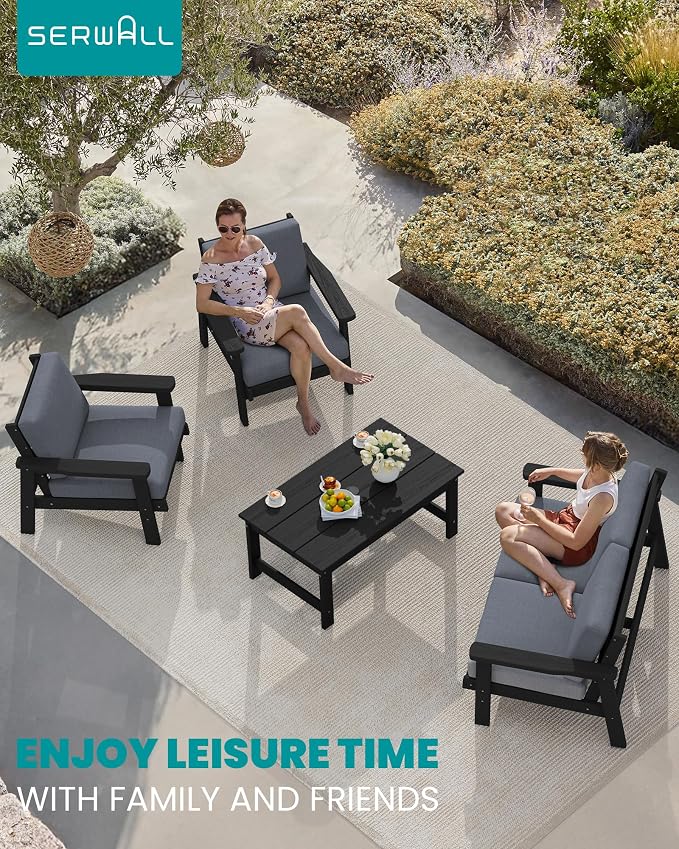 SERWALL 4 Piece HDPE Outdoor Furniture Set, All Weather Wood-Like Outdoor Sofa Sectional Couch, Black Patio Furniture Set with Grey Cushions