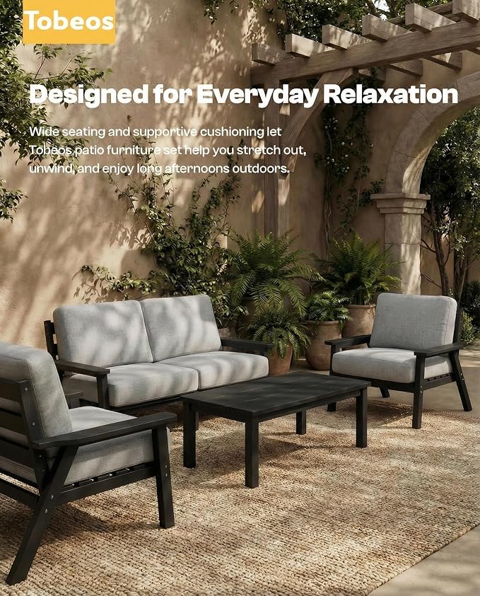 2 Piece HDPE Outdoor Furniture Set with Gray Cushions (Black Frame) | All-Weather HDPE, Modular Design, Extra-Deep Seating, Thick Cushions, Ideal for Backyard, Deck & Porch