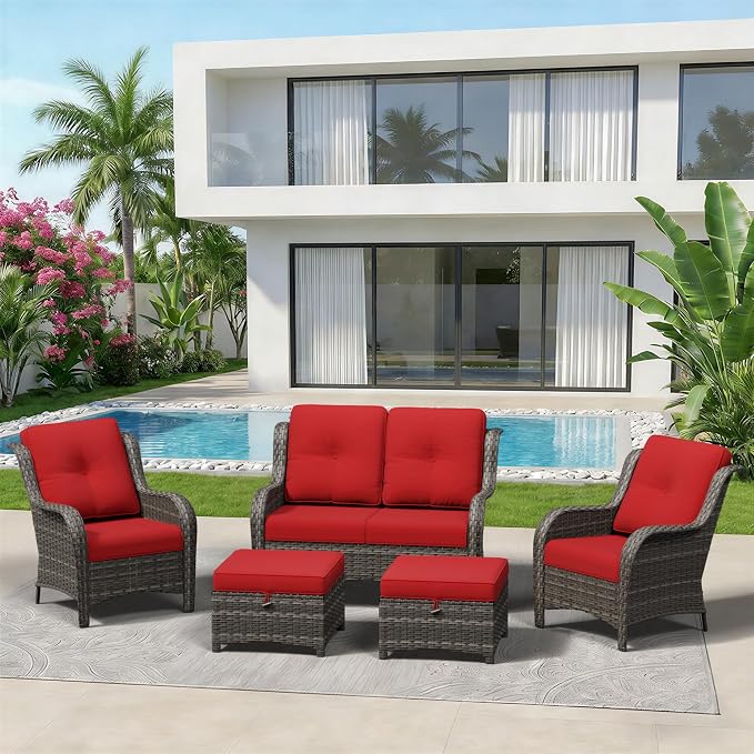 5 Piece Outdoor Wicker Patio Furniture Set, Patio Chairs Set with Thickened Olefin Cushions, High Back and Deep Seating, Hand-Woven PE Rattan, Ottoman for Porch, Deck