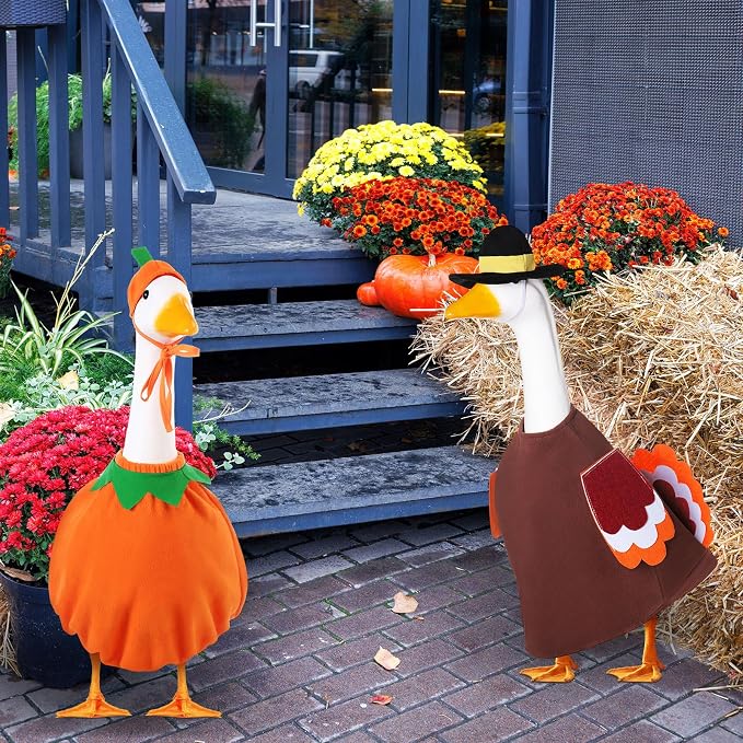 2 Set Thanksgiving Day Goose Outfit Lawn Porch Cloths Plastic Goose Clothing Fall Halloween Outfit for 23" Outdoor Patio Yard Lawn Art Decoration