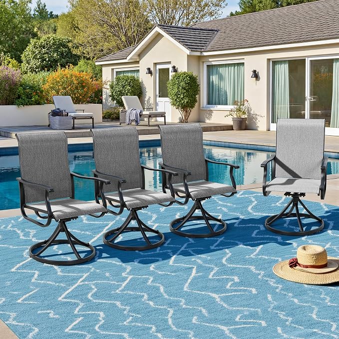 Crownland Outdoor Swivel Dining Chair Set of 4, All Weather 360° Swivel Rocking High Back Model Patio Dining Chairs, Textilene Fabric Wrought Iron Dining Chair Set for Backyard, Lawn, Garden(Grey)
