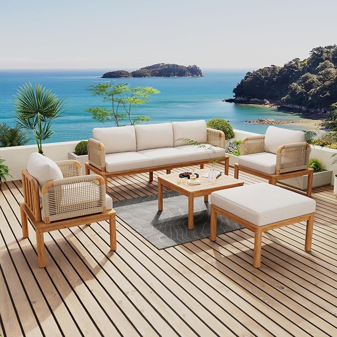 Merax Outdoor 5-Piece Acacia Wood & Rope Patio Sofa Set with Ottoman & Table, Water-Repellent Cushions, for Garden & Patio