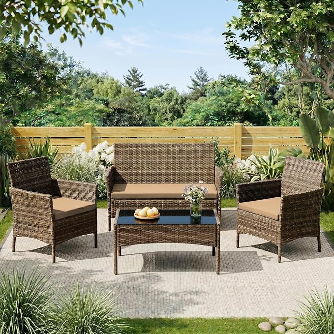 4 Pieces Outdoor Patio Furniture Set, Wicker Patio Conversation Set with Tea Table, All-Weather Outside Rattan Sectional Sofa for Backyard, Poolside, Garden, Balcony, Brown/Beige
