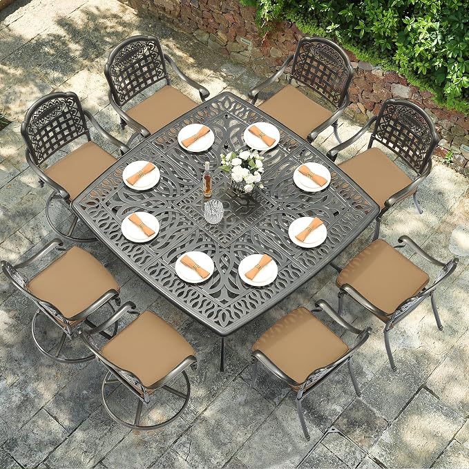 VIVIJASON 9-Piece Outdoor Dining Set, Cast Aluminum Patio Table & Chair Furniture Set for 8, Include Large 64" Square Dining Table, 4 Swivel Rocker Chairs, 4 Stationary Chairs, Umbrella Hole, Khaki