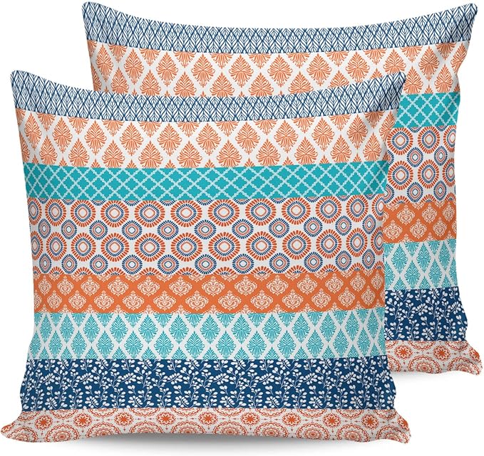 Outdoor Waterproof Pillow Covers Set of 2, Boho Geometric Floral Stripe Ethnic Turquoise Orange Blue Patio Throw Pillow Covers, Decorative Cushion Case for Couch Sofa Furniture Garden, 26x26 Inch