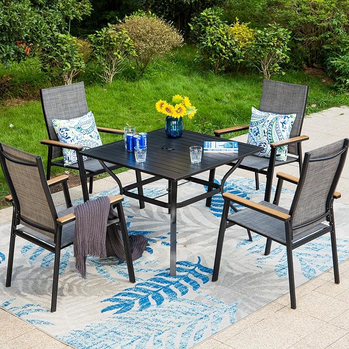 PHI VILLA 5 PCS Patio Dining Set, 4 Outdoor Aluminum Stackable Sling Chairs with Armrest & 1 Square Metal Dining Table (1.57" Umbrella Hole), Patio Table Chair Furniture Set for Deck Lawn Garden