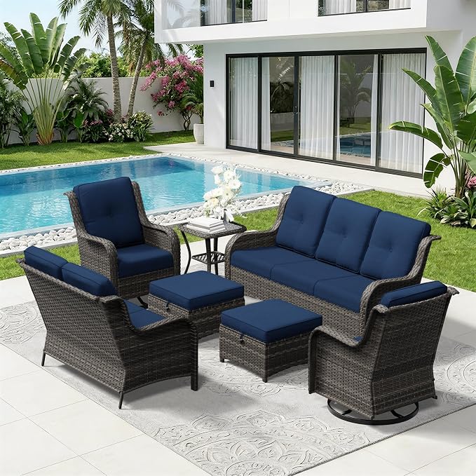 7 Piece Outdoor Wicker Patio Furniture Set, Outdoor Swivel Rocker Patio Chairs Set with Thickened Olefin Cushions, High Back and Deep Seating, Hand-Woven PE Rattan for Porch, Deck
