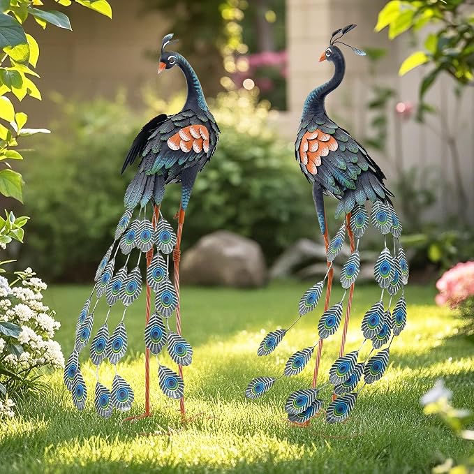 36" Peacock Decor Set of 2, Metal Yard Art Hand-Painted | Oversized Garden Statues & Sculptures for Lawn, Flower Beds, Patio, Backyard , Indoor Kitchen & Home Decor,Weatherproof