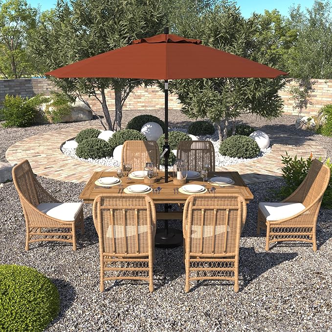 California Umbrella 9' Round Aluminum Market Umbrella, Crank Lift, Push Button Tilt, Black Pole, Terracotta Olefin