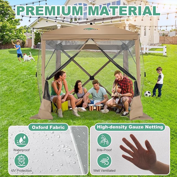 COBIZI 6x6 FT Pop up Gazebo, Popup Canopy Tent, Screened in Gazebos, Waterproof Portable Outdoor Small Screen Tents Sun Shelter,carpas para Patio for Camping, Garden and Backyard,Khaki