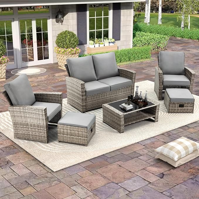 HOMREST 6 Pieces Outdoor Patio Furniture Set with Coffee Table, Patio Conversation Set with Ottoman with Storage, Outdoor Sofa for Garden, Porch, Deck, Backyard (Grey)