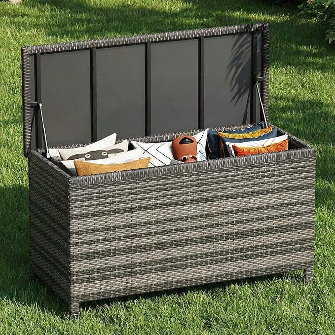 125 Gallon Wicker Deck Box, All-Weather Outdoor Storage Bin with Rattan Finish, Large Capacity for Patio Furniture, Cushions, Pool Supplies & Garden Tools (Gray)