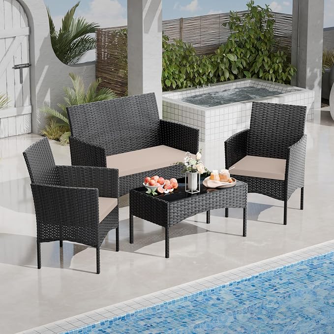 4 Pieces Patio Furniture Set Outdoor Conversation Set Rattan Furniture Set Wicker Chairs and Sofa with Glass Table for Porch Pool Backyard Garden Sand