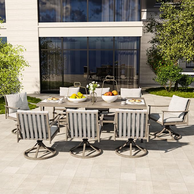 HAPPATIO 9-Piece Patio Dining Set for 8, Aluminum Outdoor Dining Set with Cushions, 8 Swivel Dining Chairs, 1 Large Rectangular Table with Umbrella Hole for Lawn, Porch, Backyard, Gray