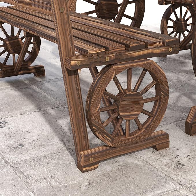 3-Piece Carbonized Pine Patio Dining Set: Wagon Wheel Table & 2 Benches (45.25" L), Rustic Outdoor Furniture for 4-Person, Rain-Ready Slatted Design