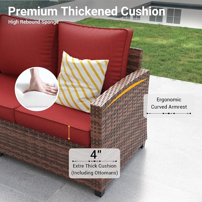 6 Pcs Patio Furniture Set with 44" Propane Gas Fire Pit Table, Rattan Outdoor Couch with Ottomans, 4" Thick Cushions for Backyard Garden Deck,Wine Red