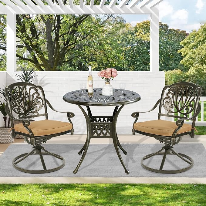 MEETWARM 3-Piece Outdoor Patio Dining Set, All-Weather Cast Aluminum Patio Conversation Set for Backyard Garden Deck with 2 Cushions Swivel Rocker Chairs and 31" Round Table, 2.2" Umbrella Hole