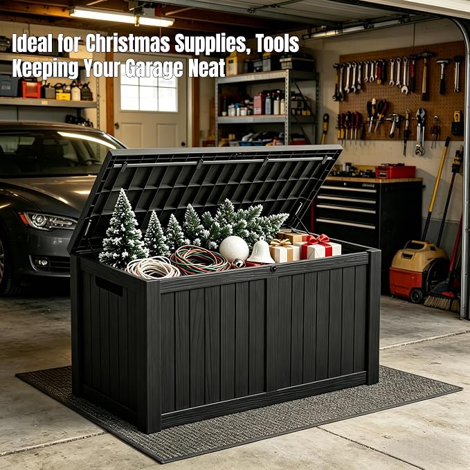 MAKINO 178 Gallon Large Resin Outdoor Storage Box, Waterproof Deck Box, Lockable Deck Container with Reinforced Support, Outdoor Chest for Patio Accessories, Outdoor Cushions, Garden Tools, Black