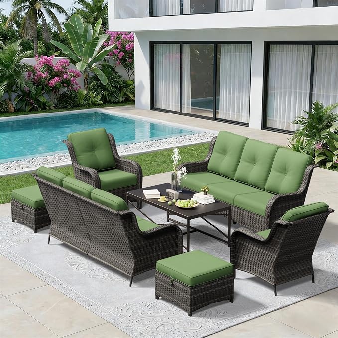 7 Piece Outdoor Wicker Patio Furniture Set, Patio Chairs Set with Thickened Olefin Cushions, High Back and Deep Seating, Hand-Woven PE Rattan, Ottoman for Porch, Deck