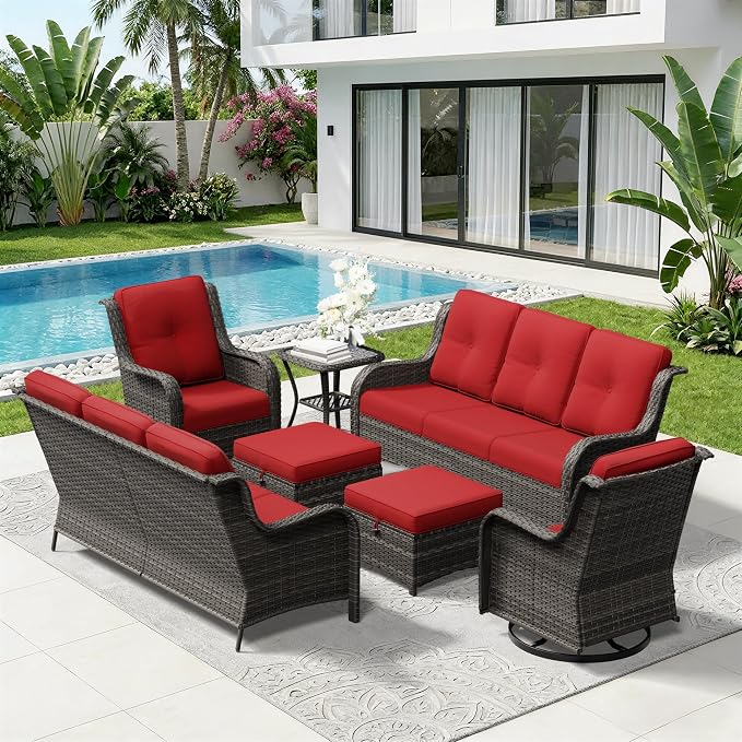7 Piece Outdoor Wicker Patio Furniture Set, Outdoor Swivel Rocker Patio Chairs Set with Thickened Olefin Cushions, High Back and Deep Seating, Hand-Woven PE Rattan for Porch, Deck