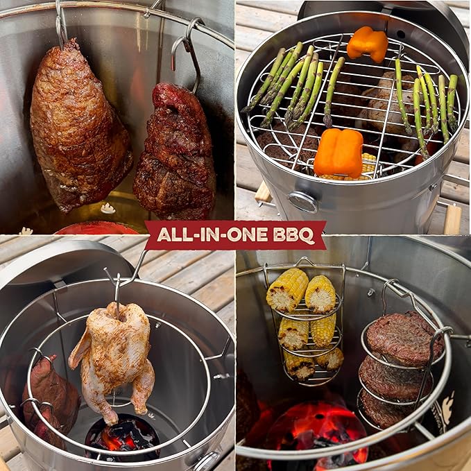 Barrel Smoker Grill Combo | 100% 304 Stainless Steel Barrel | 95% Less Smoke, Even Heat | Easy to Use & Clean – Vertical Smoker Ideal for Balconies and Backyards (LARGE-35 LBS)