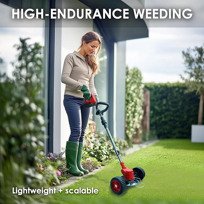 Syluris Electric Weed Wacker String Trimmer, Battery Powered Weed Eater with 4 Types of Blades and Upgraded Metal Lid, 2Pcs of Batteries & Wheels(Red)