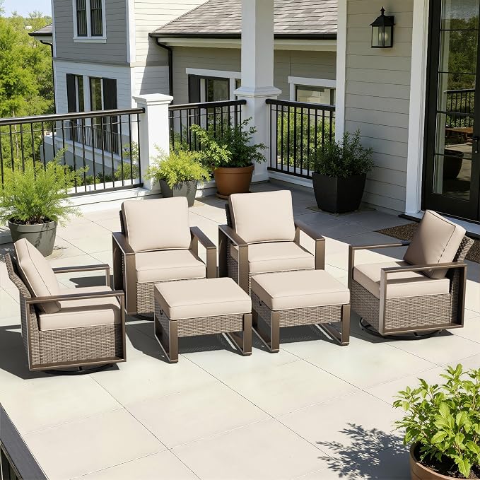 6 Pieces Metal Wicker Patio Furniture Set - Four Swivel Chairs and Two Ottomans, All Weather Rattan Outdoor Conversation Furniture with Washable Cushion for Deck Porch, Beige