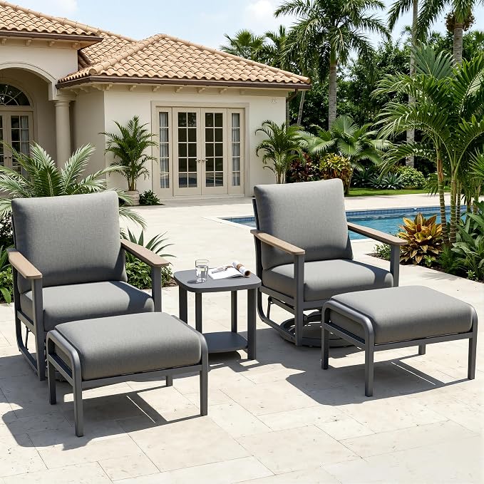 Aluminum Patio Swivel Rocking Chair Outdoor Bistro Set with Ottomans, 5PCS Patio Conversation Set Outdoor Patio Furniture Set with High Backrest & Thickened Cushions for Garden, Grey