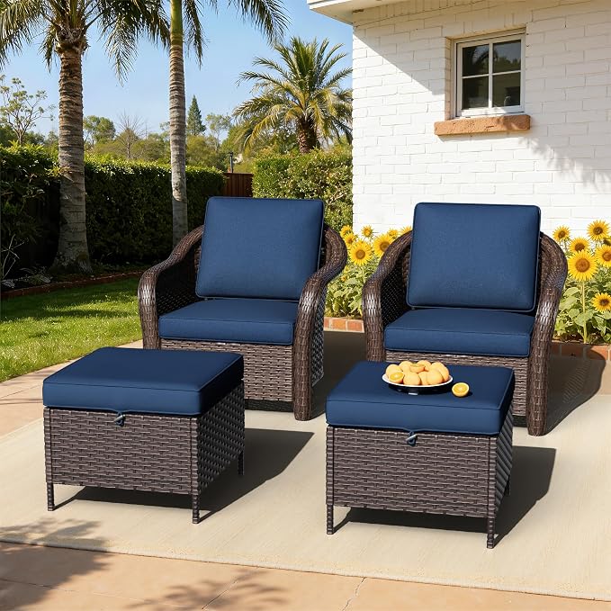 Outdoor Chairs Set with Ottomans, 4 PCS Patio Conversation Furniture Set with Removable Cushions, All-Weather Wicker Furniture for Porch, Backyard, Deck, Sunroom (Navy Blue)