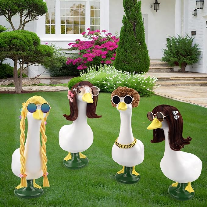 8090 Vintage Porch Goose Wigs Accessories 2 Pack with Sunglasses Retro Street Style Porch Goose Braid Wigs Outdoor Decor for Lawn Goose Statues