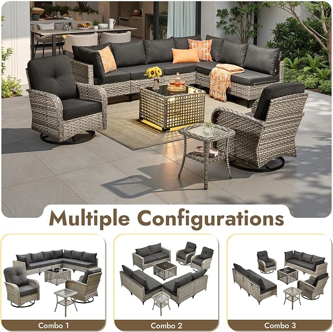 10 Pieces Outdoor Sectional Patio Furniture Set with Swivel Rocking Chairs,Wicker Conversation Sets Rattan L Shaped Couch,Modular Outdoor Sofa for Porch Balcony Backyard Black