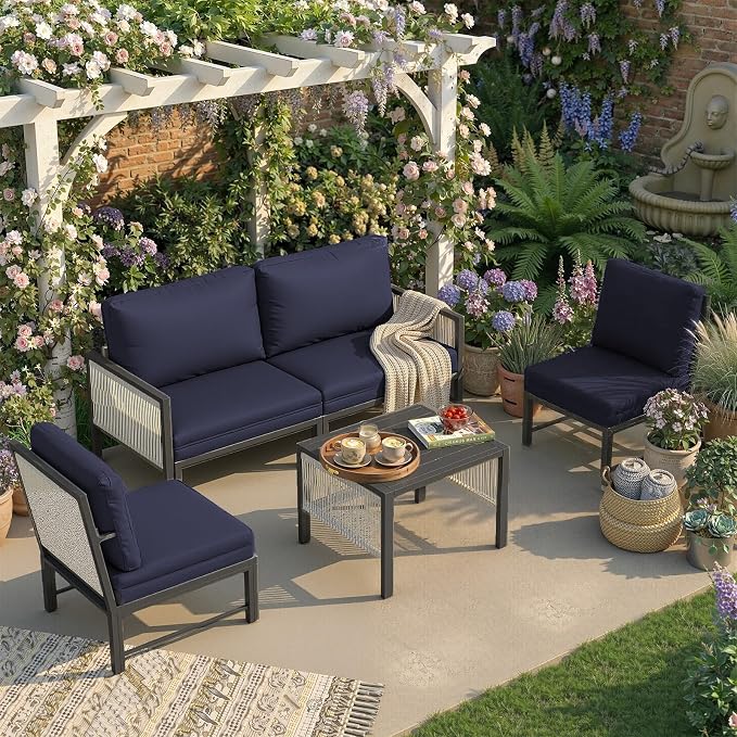 U-MAX Aluminum Patio Furniture Set 4 Seats Outdoor Sectional Couch with Coffee Central Table Patio Conversation Sets for Porch Deck (Dark Blue, with Retractable Sofa Couch and Single Sofa)