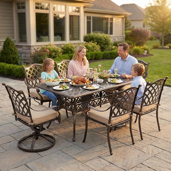 7 Piece Outdoor Dining Set Cast Aluminum Retro Patio Dining Set for 6 Includes 59” Rectangular Table 2 Swivel Chairs with Thicker Cushions and Umbrella Hole for Patio Deck Garden