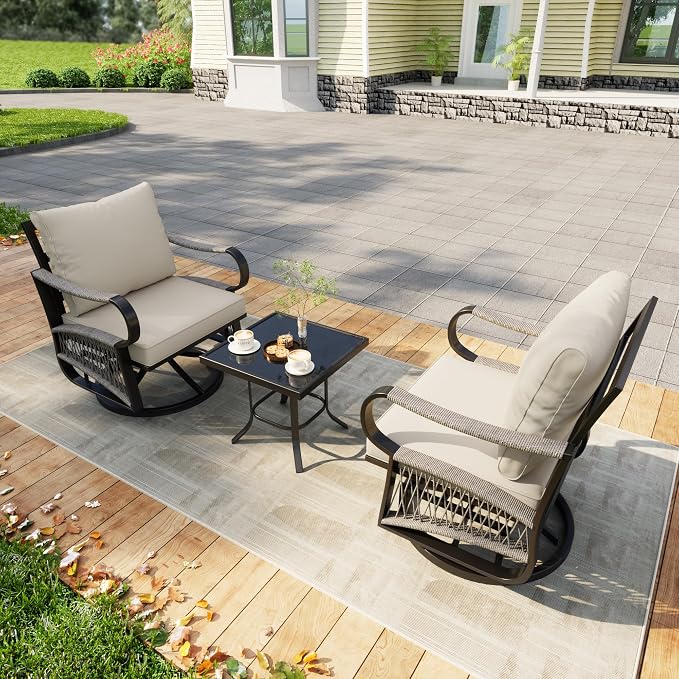 3 Pieces Glider Rocking Chairs, Outdoor Swivel Rocker Chairs with Thick Cushion, Patio Bistro Furniture Set with Side Table, Rope Conversation Sets for Porch Balcony Backyard Deck, Beige Cushions