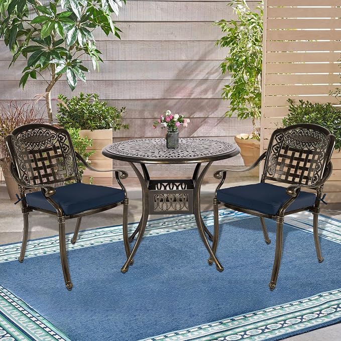 3-Piece Outdoor Patio Dining Set, All-Weather Cast Aluminum Patio Furniture Set for Backyard Garden Deck with 2 Cushioned Chairs and 35.4” Round Table, 2" Umbrella Hole, Navy Blue
