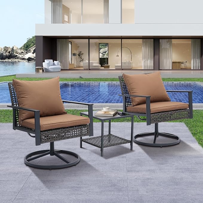 Ainfox 3 Pieces Patio Wicker Chairs Swivel Rocker, Outdoor Swivel Rocker Patio Chairs with Rattan Side Table, Patio Furniture Set for Patio Balcony Pool, Brown