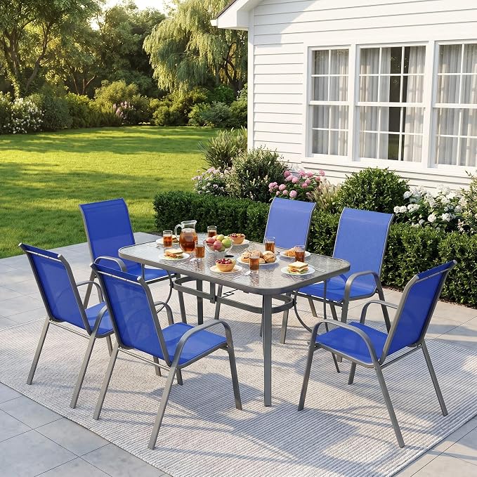 Arlopu 7-Piece Outdoor Table and Chairs for 6, Outdoor Dining Set W/Rectangle Glass Table and 6 Patio Textilene Stackable Chairs, Patio Furniture Set W/Umbrella Hole (Grey Table & Navy Blue Chair)