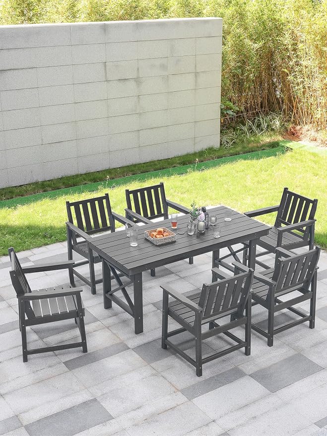 7 Pieces HDPE Outdoor Dining Set, Patio Dining Set with Umbrella Hole, All Weather Outdoor Dining Table Sets for 6, HDPE Patio Furniture Sets for Deck, Backyard, Lawn, and Poolside, Smoke Gray