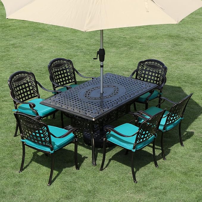VIVIJASON 7-Piece Patio Furniture Dining Set, All-Weather Cast Aluminum Outdoor Conversation Set, Include 6 Cushioned Chairs and a Rectangle Table with Umbrella Hole, Ocean Blue Cushion