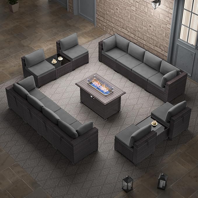 15 Pieces Outdoor Patio Furniture Set,Outdoor Sectional Furniture with 43" 55000 BTU Gas Propane Fire Pit Table,All Weather PE Rattan Wicker Patio Conversation Set,Grey